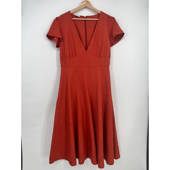 Linen Handmade Studio Dresses & Skirts - Linen Handmade Studio A Line Sicily Dress Womens 16 Red Clay V Neck Midi READ